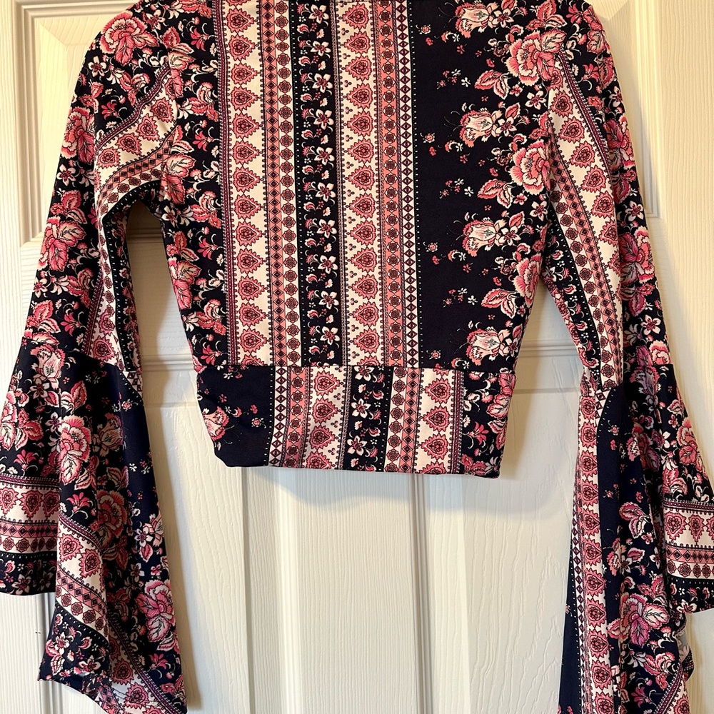 Polly & Esther Navy and Pink Floral Bell Sleeve Blouse - Picture 5 of 15